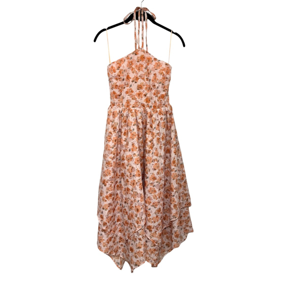 En Saison Floral Halter Midi Dress Handkerchief Hem Cotton, Sz XS
